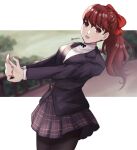  1girl black_jacket black_pantyhose bow buttons commentary hair_bow highres jacket long_hair long_sleeves looking_at_viewer open_mouth pantyhose persona persona_5 persona_5_the_royal plaid plaid_skirt pleated_skirt ponytail pppppknw red_bow red_eyes redhead school_uniform shirt shuujin_academy_uniform skirt smile solo twitter_username uniform white_shirt yoshizawa_kasumi 