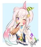  1girl airani_iofifteen bubble_tea cup disposable_cup drinking drinking_straw hair_bun highres hololive hololive_indonesia long_hair one_eye_closed paint_on_clothes paint_splatter paint_splatter_on_face palette_hair_ornament pink_hair scrunchie side_ponytail single_hair_bun suspenders twitter_username v violet_eyes virtual_youtuber vyolfers wrist_scrunchie 