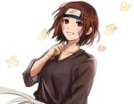  1girl black_shirt blue_headband brown_eyes brown_hair collarbone facial_mark grin headband naruto_(series) naruto_shippuuden nohara_rin shiny shiny_hair shirt short_hair sketch smile solo utu310 white_background 