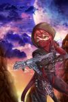  1girl apex_legends black_bodysuit black_gloves bodysuit brown_eyes chromatic_aberration clouds cosplay gloves gun hair_between_eyes haruto_(1214_haruto) highres holding holding_gun holding_weapon hood hood_up looking_to_the_side mask moon mouth_mask r-99_smg redhead rift_stalker_wraith sky solo submachine_gun trigger_discipline virtual_youtuber vspo! weapon wraith_(apex_legends) wraith_(apex_legends)_(cosplay) 