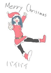  1girl absurdres blue_hair blush closed_eyes dark_blue_hair full_body hat highres hime_cut kuzutetsu_no_viper long_hair merry_christmas open_mouth original santa_costume santa_hat simple_background smile solo translation_request w white_background 