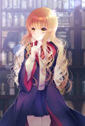  1girl absurdres black_skirt blurry blurry_background bookshelf brown_eyes brown_hair harry_potter_(series) hermione_granger highres index_finger_raised indoors lens_flare long_hair mizuha_(dreamchild_0504) necktie school_uniform skirt smile solo standing sweater_vest wavy_hair 