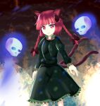  1girl :3 animal_ears bow braid cat_ears cat_tail hair_bow highres hitodama kaenbyou_rin light_smile looking_at_viewer multiple_tails nekomata red_eyes redhead skull solo str11x tail touhou twin_braids 