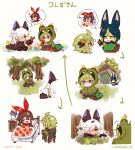  2boys 2girls 6koma :&lt; ^^^ amber_(genshin_impact) animal_costume animal_ears arrow_(symbol) basket blue_hair cape capelet collei_(genshin_impact) cuilein-anbar_(genshin_impact) cyno_(genshin_impact) forest fox_ears genshin_impact green_cape hair_ribbon hood hooded_capelet hutaba_29 little_red_riding_hood multiple_boys multiple_girls nature ribbon short_hair simple_background sparkle surprised sweat tighnari_(genshin_impact) translated under_covers walking white_background wolf_costume 
