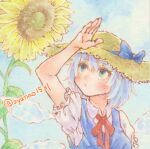  1girl arm_up blue_bow blue_dress blue_eyes blue_hair blue_ribbon bow brown_headwear cirno collared_shirt detached_wings dress flower frilled_sleeves frills hat hat_bow hat_ribbon ice ice_wings leaf looking_up medium_hair neck_ribbon outdoors painting_(medium) pinafore_dress puffy_short_sleeves puffy_sleeves red_ribbon ribbon shin1ar24 shirt short_sleeves solo straw_hat sunflower touhou traditional_media upper_body watercolor_(medium) watercolor_pencil_(medium) white_shirt wings yellow_flower 