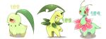  :3 animal_focus bayleef blush chikorita claws closed_eyes closed_mouth evolutionary_line flower from_side full_body green_outline hair_flower hair_ornament half-closed_eyes happy leaf leg_up looking_at_viewer meganium no_humans outline pink_flower pokedex_number pokemon pokemon_(creature) red_eyes shira_(sirairo116) simple_background smile standing u_u white_background yellow_eyes 