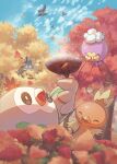  autumn_leaves bird bright_pupils brown_eyes clouds commentary_request day drifloon highres holding mokukitusui munchlax no_humans open_mouth outdoors pachirisu pokemon pokemon_(creature) rowlet sky sparkle starly steam tongue torchic tree white_pupils 