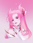  1girl absurdres apple asami_okutoshioku bangs bare_shoulders cropped_shoulders fingerless_gloves food fruit gloves gradient gradient_background hair_ornament hair_ribbon hand_up highres holding holding_food kai&#039;sa league_of_legends long_hair nail_polish pink_background pink_hair pink_nails ribbon solo star_guardian_(league_of_legends) star_guardian_kai&#039;sa violet_eyes white_gloves 