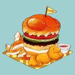  among_us artist_name blue_background burger cheese chips_(food) commentary dum_sticky_note food food_focus highres ketchup lettuce mini_flag no_humans pennant potato_wedges signature simple_background symbol-only_commentary tenmiyakiyo 