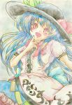 0917yuka 1girl apron black_headwear blue_hair blue_skirt bow bowtie buttons center_frills colored_pencil_(medium) cowboy_shot frills hair_between_eyes hand_to_own_mouth head_tilt highres hinanawi_tenshi large_hat leaf_hat_ornament long_hair looking_at_viewer open_mouth pastel_colors peach_hat_ornament puffy_short_sleeves puffy_sleeves red_bow red_bowtie red_eyes shirt short_sleeves simple_background skirt solo touhou traditional_media waist_apron white_apron white_shirt 