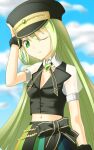  1girl alina_gray bangs black_bow black_headwear black_necktie black_vest blunt_ends bow brooch chain collar cross_tie detached_collar fur_cuffs gem green_eyes green_gemstone green_hair hair_between_eyes hat highres jewelry lapels long_hair magia_record:_mahou_shoujo_madoka_magica_gaiden magical_girl mahou_shoujo_madoka_magica multicolored_clothes multicolored_hair multicolored_skirt necktie notched_lapels one_eye_closed peaked_cap pleated_skirt puffy_short_sleeves puffy_sleeves see-through see-through_sleeves short_sleeves skirt sleeve_cuffs straight_hair streaked_hair striped striped_skirt taniryuu2 v-neck vertical-striped_skirt vertical_stripes very_long_hair vest waist_bow white_collar white_sleeves 
