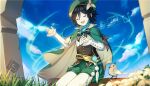  1boy :d absurdres bangs beret bird black_bow black_bowtie black_hair blue_hair blue_sky bow bowtie cape closed_eyes clouds commentary_request corset crystalfly_(genshin_impact) day flower genshin_impact gradient_hair grass green_cape green_headwear green_shorts hair_between_eyes halfmoe hat hat_flower highres long_hair long_sleeves male_focus multicolored_hair musical_note open_mouth pantyhose pom_pom_(clothes) shirt shorts sitting sky smile solo staff_(music) venti_(genshin_impact) white_flower white_pantyhose white_shirt 