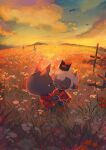  animal_ears baal_(cult_of_the_lamb) bird_wings cat cat_ears cat_tail clouds cloudy_sky criss-cross_suspenders cult_of_the_lamb field flower flower_field furry furry_with_furry highres horns inudogsaikou open_mouth sheep sheep_ears sheep_horns sky sunset tail the_lamb_(cult_of_the_lamb) wings 