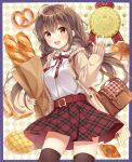  1girl :d ahoge anpan argyle argyle_background bag baguette bangs belt black_thighhighs blouse blush border bread breasts brown_eyes brown_hair brown_ribbon cardigan collar commentary_request cowboy_shot croissant crown floating_hair food frilled_collar frills hair_ribbon hand_up higeneko highres holding holding_bag holding_food long_hair looking_at_viewer low_twintails medium_breasts melon_bread open_cardigan open_clothes open_mouth original plaid plaid_skirt pleated_skirt pretzel purple_border red_skirt revision ribbon satchel shirt skirt sleeves_past_wrists smile solo teeth thigh-highs thighs twintails waving white_shirt zettai_ryouiki 