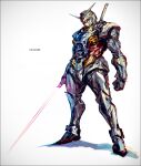  1boy artist_name beam_saber clenched_hand commentary_request gundam helmet holding holding_sword holding_weapon humanization k-suwabe male_focus mobile_suit_gundam power_armor rx-78-2 science_fiction shadow solo sword v-fin weapon white_background yellow_eyes 
