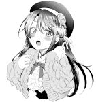  1girl aran_sweater beret blush bow bowtie center_frills cropped_torso embarrassed frilled_shirt frilled_shirt_collar frills greyscale hat high-waist_skirt hololive kurose_kousuke long_hair long_sleeves looking_at_viewer monochrome oozora_subaru shirt skirt solo sweatdrop sweater underbust virtual_youtuber 