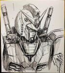  chinese_commentary felix_ip greyscale gundam highres ink_(medium) looking_down mecha mobile_suit mobile_suit_gundam monochrome no_humans photo_(medium) portrait robot rx-78-2 rx-78f00 shikishi signature sketch solo traditional_media v-fin white_background 