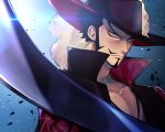  1boy absurdres beard closed_mouth collarbone dracule_mihawk facial_hair frown hat highres katana looking_at_viewer mmn_(user_tmjt3227) mustache one_piece red_headwear solo sword upper_body weapon yellow_eyes 