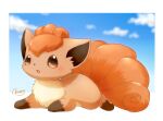  blue_sky blurry blurry_background border brown_eyes clouds full_body highres mimix no_humans open_mouth outside_border pokemon pokemon_(creature) signature sky vulpix white_border 