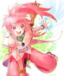  1girl arche_klein belt bracelet broom earrings elbow_gloves feet_out_of_frame foot_out_of_frame gloves jewelry liel_(andaniel) long_hair pants pink_eyes pink_hair pink_pants pointy_ears ponytail simple_background sitting smile solo tales_of_(series) tales_of_phantasia wide_ponytail 
