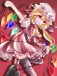  1girl ascot black_thighhighs blonde_hair closed_mouth flandre_scarlet foot_out_of_frame frilled_skirt frilled_sleeves frills hair_between_eyes hat highres leg_up long_hair looking_at_viewer mary_janes mmcha_0709 mob_cap multicolored_wings puffy_short_sleeves puffy_sleeves red_background red_eyes red_ribbon red_skirt red_vest ribbon ribbon-trimmed_headwear ribbon_trim shirt shoes short_sleeves side_ponytail simple_background skirt skirt_set smile solo standing standing_on_one_leg thigh-highs touhou vest white_headwear white_shirt wings yellow_ascot 