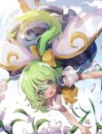  1girl :d ascot ayahi_4 bangs blue_dress blue_sky bow clouds commentary_request daiyousei dress fairy_wings flower foot_out_of_frame green_eyes green_hair hair_between_eyes hair_bow highres long_hair looking_at_viewer one_side_up open_mouth outdoors pinafore_dress puffy_short_sleeves puffy_sleeves shirt short_sleeves sky smile solo touhou upside-down white_flower white_shirt wings yellow_ascot yellow_bow 