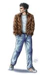  1boy absurdres bandage_on_face bandages belt black_hair brown_eyes brown_jacket denim full_body hands_in_pockets hazuki_ryou highres jacket jeans leather leather_jacket looking_to_the_side pants patch shenmue shirt shoes sideburns signature simple_background sliverofsand sneakers solo spiky_hair t-shirt thick_eyebrows white_background white_footwear white_shirt 