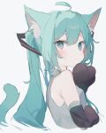  1girl ahoge animal_ear_fluff animal_ears animal_hands aqua_eyes aqua_hair bare_shoulders blush cat_ears cat_tail closed_mouth commentary detached_sleeves gloves grey_shirt hair_tie hatsune_miku highres kemonomimi_mode looking_at_viewer looking_to_the_side o_(jshn3457) paw_gloves profile shirt simple_background sleeveless sleeveless_shirt solo sweat tail twintails upper_body vocaloid white_background 