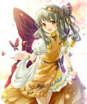  1girl akinomiya_asuka brown_ribbon bug butterfly butterfly_wings choker commentary_request cowboy_shot dress green_hair hair_ornament hair_ribbon hand_up highres hollow_song_of_birds long_hair nebet_tefet open_mouth orange_dress puffy_short_sleeves puffy_sleeves ribbon short_sleeves smile touhou wings yellow_dress yellow_eyes 
