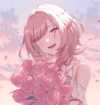  1girl artist_name bangs blush bouquet clouds collarbone dress elysia_(honkai_impact) flower highres holding holding_bouquet honkai_(series) honkai_impact_3rd looking_at_viewer open_mouth petals pink_flower pink_hair pink_theme pointy_ears sky smile solo teeth watermark white_dress ya_chiu 