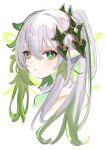  1girl bangs bare_shoulders blush cross-shaped_pupils female_child genshin_impact gradient_hair green_eyes green_hair hair_between_eyes hair_ornament highres jewelry leaf_hair_ornament long_hair looking_at_viewer multicolored_hair nahida_(genshin_impact) pointy_ears showtime775 side_ponytail simple_background solo white_hair 