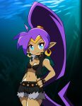  blue_eyes collar datwondoude earrings eyeshadow highres jewelry makeup pointy_ears ponytail purple_hair red_eyeshadow shantae shantae_(series) short_shorts shorts solo tiara 