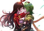  2girls 62ki absurdres ahoge amber_(genshin_impact) breasts brown_hair capelet cleavage_cutout closed_mouth clothing_cutout collei_(genshin_impact) commentary_request eye_contact genshin_impact goggles goggles_around_neck green_capelet green_hair hair_ribbon hand_on_own_chest headpat high_collar highres long_hair looking_at_another medium_breasts multiple_girls orange_eyes parted_lips red_ribbon ribbon short_hair simple_background smile tears upper_body violet_eyes white_background 