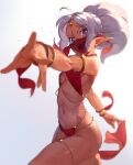  1girl arabian_clothes armpits backlighting bare_shoulders barefoot bikini blurry blurry_background blurry_foreground bracelet breasts cowboy_shot dancer dark-skinned_female dark_elf dark_skin depth_of_field elf foreshortening gradient gradient_background hair_ornament harem_outfit jewelry kinta_(distortion) looking_at_viewer midriff mouth_veil navel necklace open_mouth original pelvic_curtain pointy_ears red_bikini see-through simple_background swimsuit teeth tiara upper_teeth veil violet_eyes white_background white_hair 