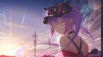  1girl absurdres bangs baseball_cap bibi_(tokoyami_towa) black_choker choker closed_eyes clouds day demon_tail facing_viewer fake_horns floating_hair grin hat highres hololive horned_headwear horns long_hair multicolored_hair off_shoulder open_mouth piercing pink_hair power_lines purple_hair shima6644 sky smile solo tail tail_ornament tail_piercing tokoyami_towa twintails two-tone_hair utility_pole virtual_youtuber 
