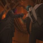  2boys absurdres arm_at_side belt black_coat black_gloves blandji blurry blurry_background bondrewd cape character_request coat commentary covered_face derivative_work english_commentary facing_another from_below gloves glowing gueira_(made_in_abyss) hand_up handshake helmet highres holding_hands indoors long_sleeves made_in_abyss male_focus meme mixed-language_commentary multiple_boys neon_trim one_piece open_clothes open_coat pocket screencap_redraw sketch standing tail white_cape 