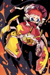  1girl bike_shorts black_shorts blue_eyes chin_strap crab_tank_(splatoon) fang hat highres inari1369 inkling inkling_girl long_sleeves no_nose open_mouth orange_footwear paint pointy_ears redhead riding robot shoelaces shoes short_hair shorts single_vertical_stripe splatoon_(series) splatoon_3 teeth tentacle_hair 