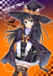  1girl absurdres animal_ears asashio_(kancolle) asashio_kai_ni_(kancolle) bangs black_dress black_hair black_headwear black_thighhighs blue_eyes bow cat_ears cat_tail cloak collared_shirt dress feet_out_of_frame gloves halloween hat hat_bow highres himura_moritaka kantai_collection long_hair long_sleeves orange_thighhighs pinafore_dress searchlight shirt smile solo striped striped_thighhighs tail thigh-highs twitter_username white_gloves white_shirt witch_hat 