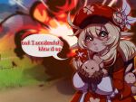  1girl blonde_hair blurry blurry_background brown_eyes brown_gloves day english_text explosion genshin_impact gloves highres klee_(genshin_impact) lips long_sleeves looking_at_viewer medium_hair outdoors pointy_ears red_headwear solo speech_bubble tearing_up ziffir 