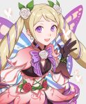  1girl :d bangs black_gloves blonde_hair bug butterfly dress earrings elise_(fire_emblem) fairy_wings fire_emblem fire_emblem_fates fire_emblem_heroes flower gloves gradient_clothes grey_background hair_flower hair_ornament highres jewelry layered_skirt long_hair looking_at_viewer multicolored_hair official_alternate_costume open_mouth peach11_01 purple_hair simple_background skirt smile solo striped twitter_username two-tone_hair upper_body vertical_stripes very_long_hair white_flower wings 