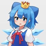  1girl absurdres blue_bow blue_eyes blue_hair bow cirno crown ferdy&#039;s_lab hair_bow highres ice ice_wings looking_at_viewer open_mouth short_hair short_sleeves simple_background solo touhou twitter_username upper_body white_background wings 
