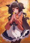  1girl absurdres animal_ears apron autumn_leaves bell black_bow black_skirt blurry blurry_background bow brown_hair brown_kimono brown_pantyhose closed_mouth commentary_request depth_of_field fox_ears fox_girl fox_tail frilled_apron frilled_skirt frills ginkgo_leaf hands_up highres hinata_(user_rjkt4745) holding holding_leaf japanese_clothes jingle_bell kimono leaf long_sleeves maid_headdress maple_leaf multicolored_hair original pantyhose red_eyes skirt smile solo tail two-tone_hair wa_maid white_apron wide_sleeves 