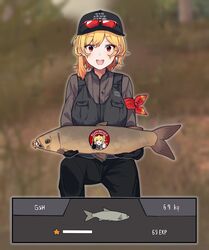  1girl 69_(meme) :d alternate_costume animal armband asymmetrical_hair baseball_cap black_gloves black_headwear black_pants black_shirt black_vest blonde_hair blurry blurry_background blush breasts brown_jacket commentary earrings english_commentary eyewear_on_headwear feet_out_of_frame fish gloves hat highres holding holding_animal holding_fish hololive hololive_indonesia jacket jewelry kaela_kovalskia kneeling looking_at_viewer medium_breasts medium_hair meme minigirl mitsumine_(ookami_no_oyashiro) open_mouth outline pants red-framed_eyewear red-tinted_eyewear red_eyes shirt smile solo sticker tinted_eyewear vest virtual_youtuber 