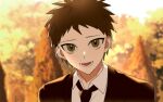  1boy bangs black_necktie brown_eyes brown_hair danganronpa_(series) danganronpa_2:_goodbye_despair danganronpa_3_(anime) day hinata_hajime jacket looking_at_viewer male_focus necktie open_clothes open_jacket outdoors red_jacket short_hair smile solo tongue tuteurfars_shin 