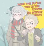  ... 1boy 1girl alternate_costume angry bangs black_jacket black_scarf blonde_hair braid brown_jacket brown_vest closed_mouth collared_shirt danganronpa_(series) danganronpa_2:_goodbye_despair english_text glasses grey_background grey_hair hair_ribbon jacket kiki_witch kuzuryuu_fuyuhiko long_sleeves medium_hair one_eye_closed open_clothes open_jacket pekoyama_peko red_scarf ribbon scar scar_across_eye scarf shirt short_hair simple_background snowing striped striped_scarf sweatdrop twin_braids twintails two-tone_scarf upper_body vest white_ribbon white_shirt winter_clothes 