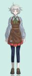  1girl :3 apron arms_at_sides bangs black_pants blunt_bangs breasts brown_apron brown_footwear danganronpa_(series) full_body grey_hair grey_shirt highres kiki_witch large_breasts long_sleeves looking_at_viewer messy_hair orange_eyes original pants pin pleated_skirt red_skirt shiny shiny_hair shirt short_hair simple_background skirt solo striped yoshikawa_riko_(kiki_witch) 