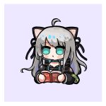  1girl :o ahoge animal_ears arknights bangs black_jacket blue_eyes blush_stickers book cat_ears chibi cropped_torso daoshi_niang_lan_er grey_hair highres holding holding_book jacket long_hair long_sleeves mint_(arknights) open_book open_clothes open_jacket parted_lips puffy_long_sleeves puffy_sleeves purple_background simple_background solo upper_body 