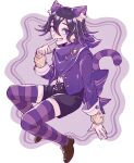  1boy animal_ear_fluff animal_ears bangs black_shorts blush bow cat_ears cat_tail danganronpa_(series) danganronpa_v3:_killing_harmony fake_animal_ears finger_to_mouth flipped_hair gem grey_background grin hair_between_eyes hair_bow halloween_costume highres index_finger_raised jacket long_sleeves male_focus medium_hair ouma_kokichi pink_bow pink_jacket pink_scarf pink_thighhighs pun_suke scarf shiny shiny_hair shirt shirt_tucked_in shorts smile striped striped_thighhighs tail teeth thigh-highs two-tone_thighhighs violet_eyes white_background white_shirt 