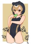  1girl alternate_costume animal_ears bare_shoulders bear_ears bear_girl black_hair black_one-piece_swimsuit blonde_hair blush brown_eyes commentary cowboy_shot crescent food highres illu kemono_friends multicolored_hair one-piece_swimsuit popsicle short_hair sleeveless solo sun_bear_(kemono_friends) sweatdrop swimsuit symbol-only_commentary two-tone_hair two-tone_swimsuit yellow_one-piece_swimsuit 