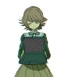  1boy bangs brown_hair brown_skirt closed_mouth computer cowboy_shot danganronpa:_trigger_happy_havoc danganronpa_(series) flipped_hair fujisaki_chihiro green_jacket green_ribbon grey_background highres jacket laptop long_sleeves neck_ribbon otoko_no_ko pleated_skirt ribbon short_hair simple_background skirt smile solo yuno_(ou35i) 